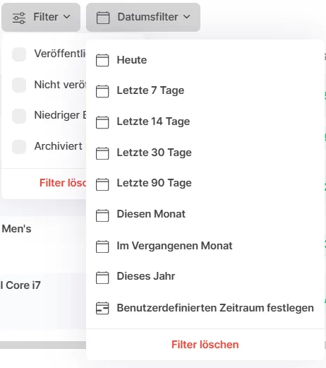 Geöffnetes Filter- und Datumsfilter-Menü mit Optionen wie Veröffentlicht, Archiviert und Zeiträumen