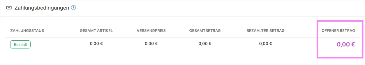 Zahlungsbedingungen mit Zahlungsstatus, Gesamtbetrag und offenem Betrag