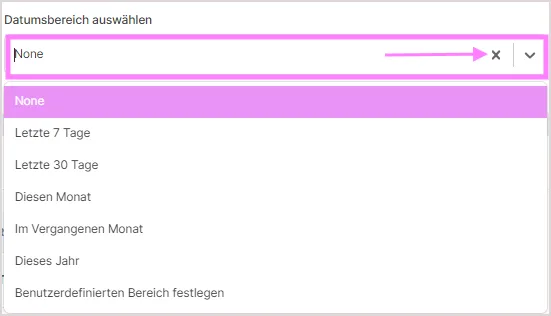 Dropdown zur Auswahl des Datumsbereichs für den Export, z. B. letzte 7 Tage oder dieses Jahr