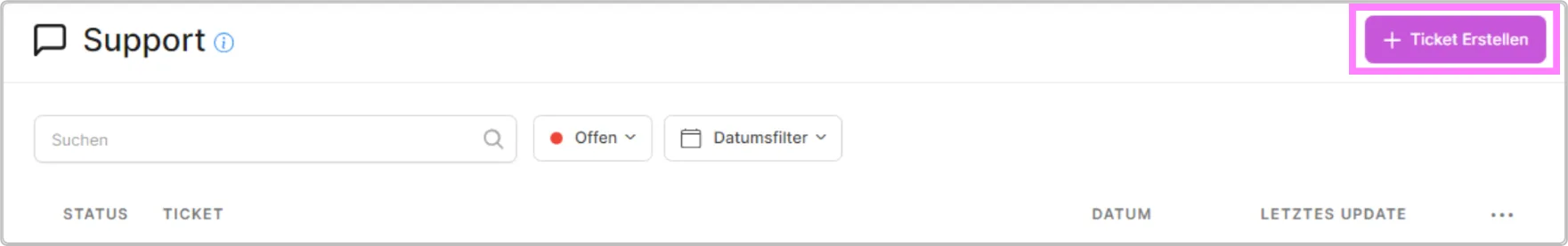 Übersicht mit Suchfeld, Statusfilter und hervorgehobenem Button „Ticket Erstellen“ oben rechts