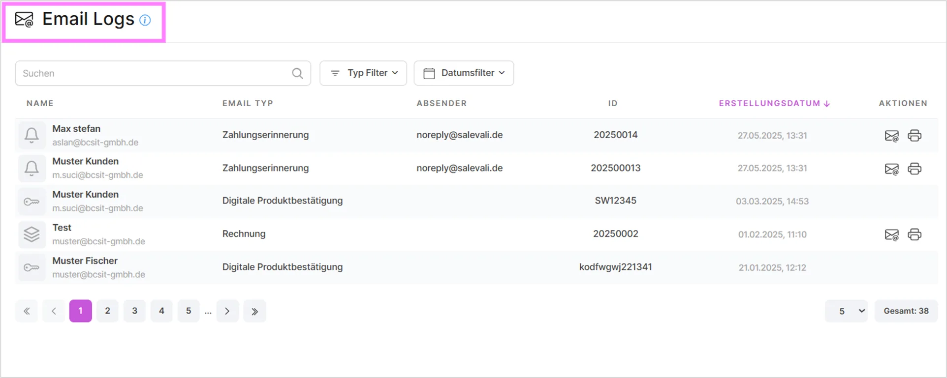 Tabelle mit versendeten E-Mails, Empfänger, Typ wie Zahlungserinnerung und Erstellungsdatum