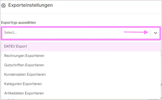Dropdown zur Auswahl des Exporttyps, z. B. DATEV-, Rechnungs- oder Kundendatenexport