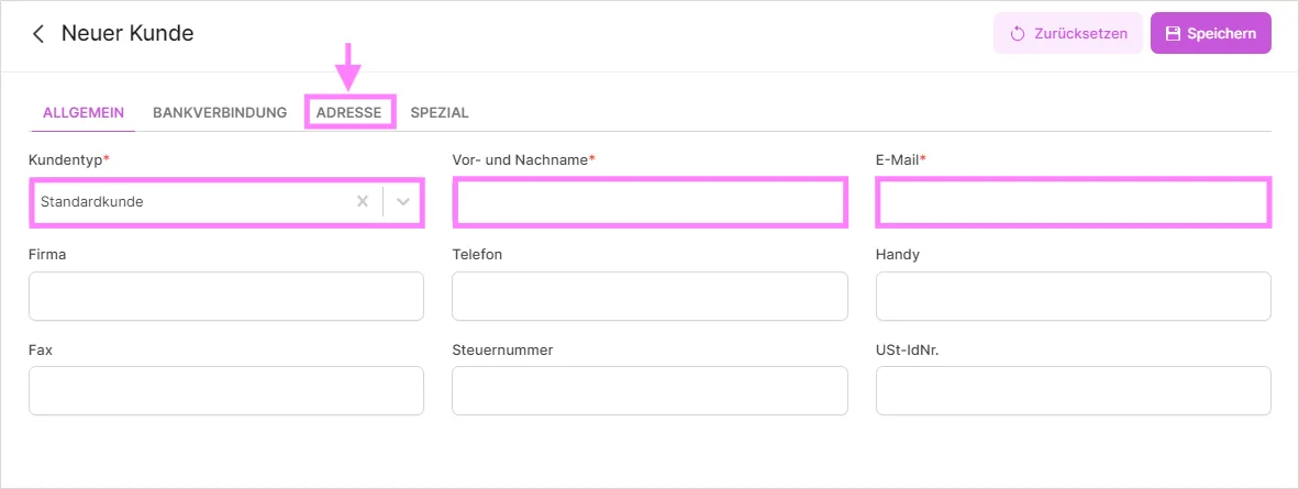 Formular „Neuer Kunde“ mit Feldern für Kundentyp, Name und E-Mail sowie Reitern für Adresse und Bankverbindung