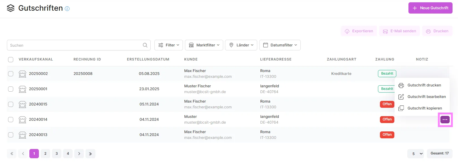 Gutschriftenliste mit geöffnetem Dropdown-Menü für Drucken, Bearbeiten und Kopieren einer Gutschrift.
