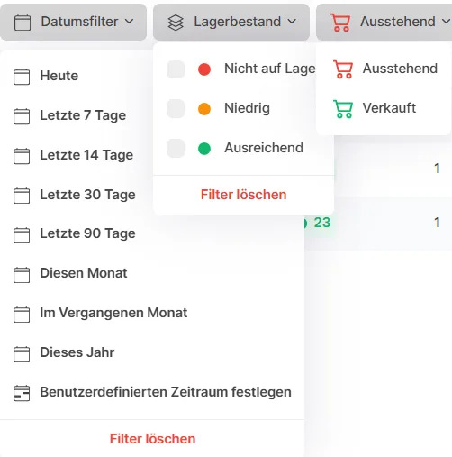 Geöffnete Filter für Datum, Lagerbestand („Nicht auf Lager“ etc.) und Status „Ausstehend“/„Verkauft“