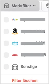 Marktfilter-Dropdown zur Auswahl von Marktplätzen wie eBay, Amazon, Prime und Otto