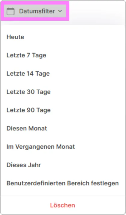 Geöffnetes Datumsfilter-Dropdown mit Zeiträumen wie „Letzte 7 Tage“ oder „Dieses Jahr“