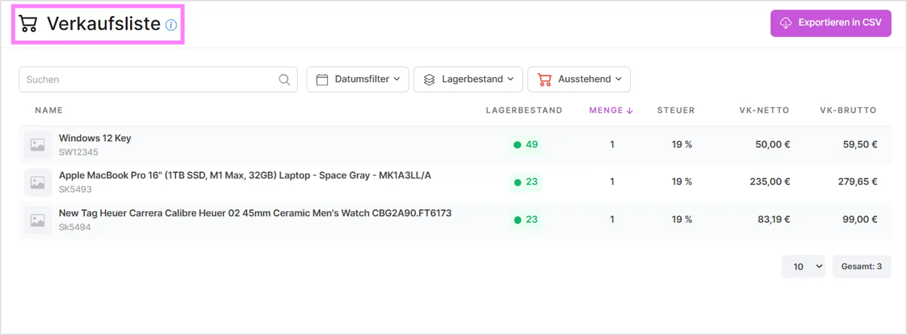 Verkaufsliste mit Artikeln, Lagerbestand, Menge, Steuersatz und Netto-/Bruttopreis