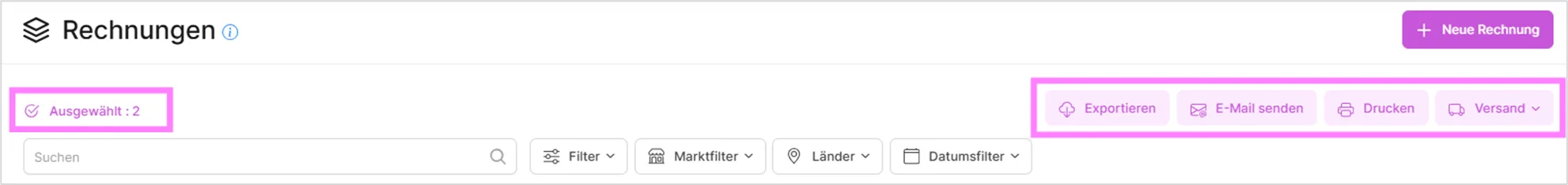 Zwei ausgewählte Rechnungen mit hervorgehobenen Schaltflächen Exportieren, E-Mail senden, Drucken und Versand