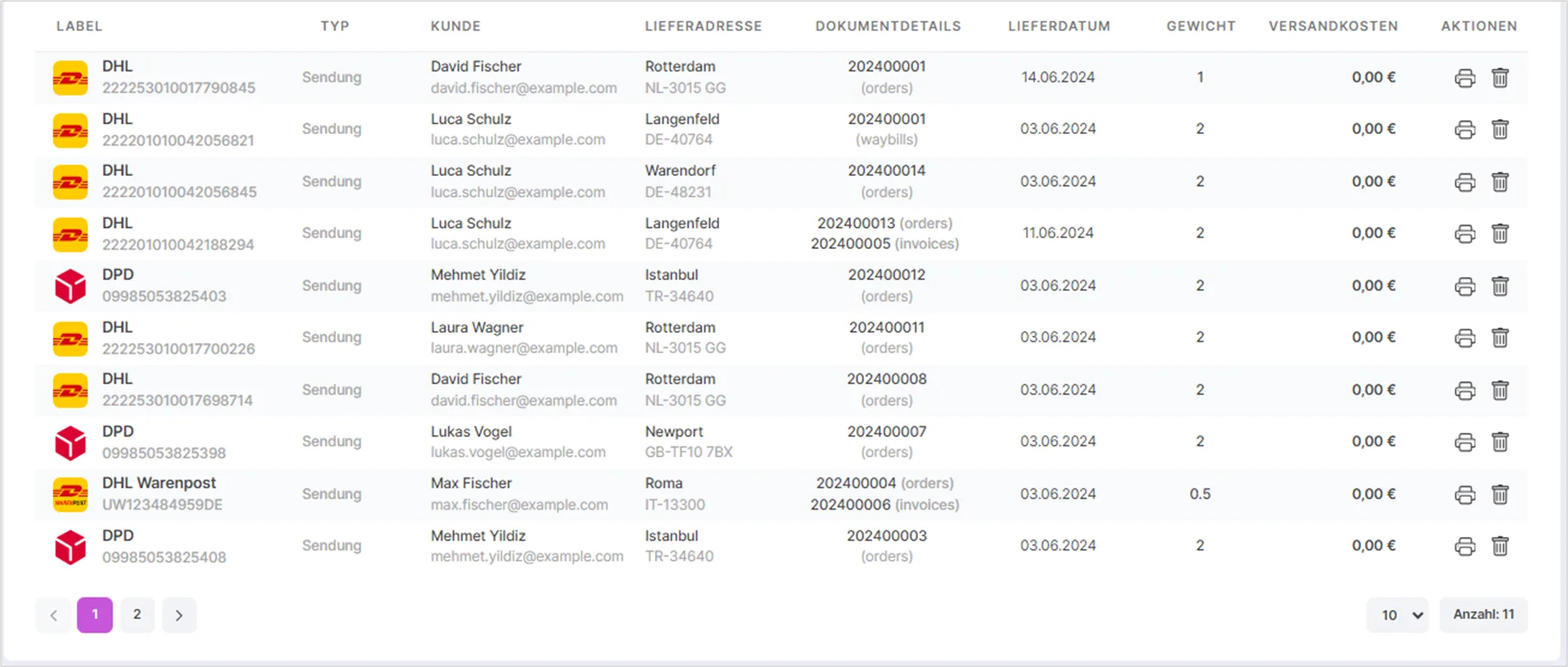 Tabelle mit Versandetiketten von DHL und DPD samt Kunde, Lieferadresse und Sendungsnummer