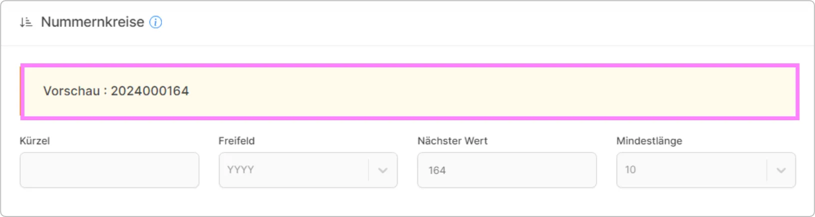 Einstellungen für Nummernkreise mit Vorschau der Belegnummer
