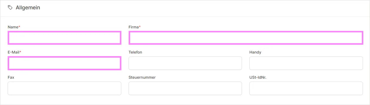 Formularfelder für Name, Firma, E-Mail, Telefon, Handy, Fax, Steuernummer und USt-IdNr.