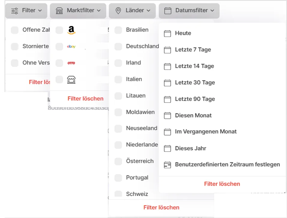 Geöffnete Filter für Status, Marktplatz, Land und Zeitraum mit Marktplatz-Logos und Länderliste