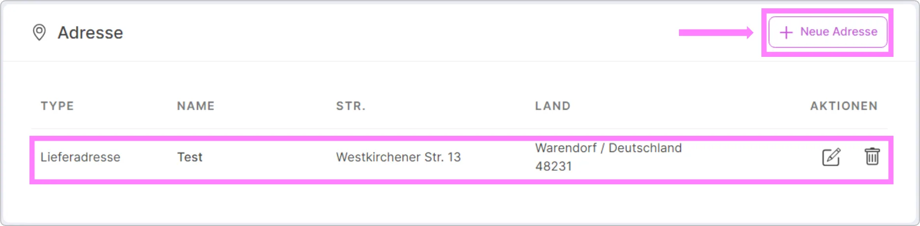 Adressliste mit Liefer- und Rechnungsadresse sowie Schaltfläche „Neue Adresse“.