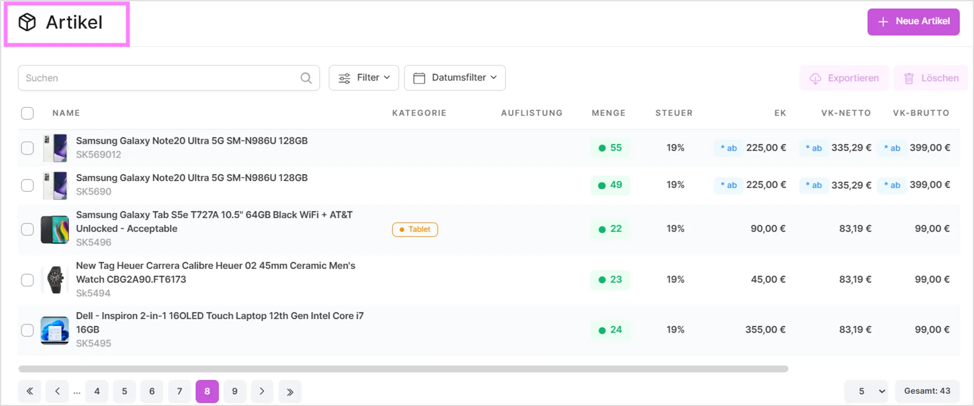 Produkttabelle mit Suchfeld, Filter- und Datumsfilter-Optionen, Spalten für Menge, Steuer, EK und Verkaufspreise