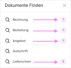 Dokumente-Finden-Popup mit Trefferzahl für Rechnung, Bestellung, Angebot und Lieferschein