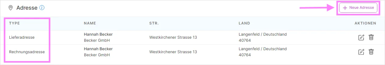 Adresstabelle mit Liefer- und Rechnungsadresse sowie Schaltfläche Neue Adresse
