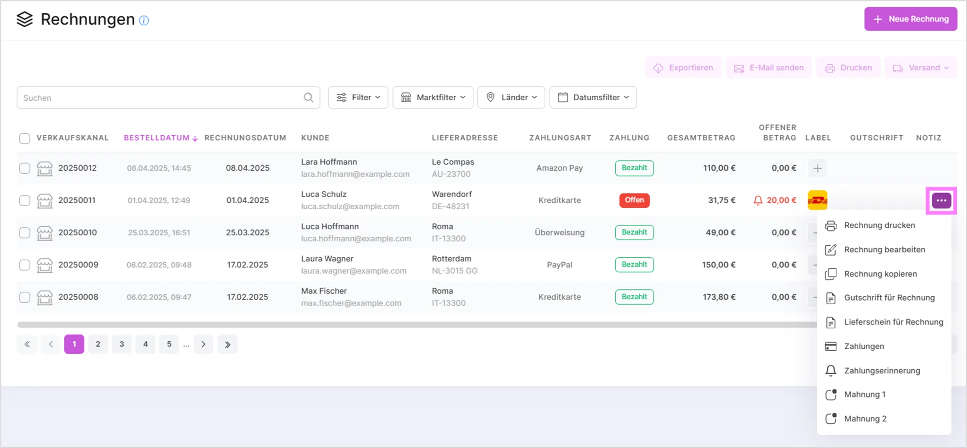 Dropdown-Menü einer Rechnung mit Optionen wie Drucken, Bearbeiten, Kopieren, Gutschrift, Zahlungen und Mahnung