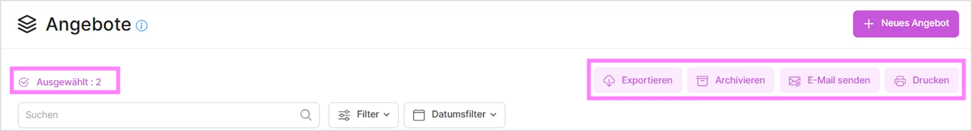 Kopfzeile der Angebotsliste mit ausgewählten Angeboten und Aktionen Exportieren, Archivieren, E-Mail senden und Drucken
