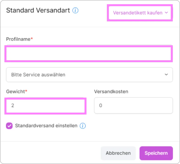 Formular zum Anlegen einer Standard-Versandart mit Profilname und Gewicht
