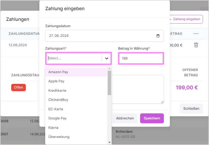 Modal „Zahlung eingeben“ mit Datum, Auswahl der Zahlungsart und Betragsfeld
