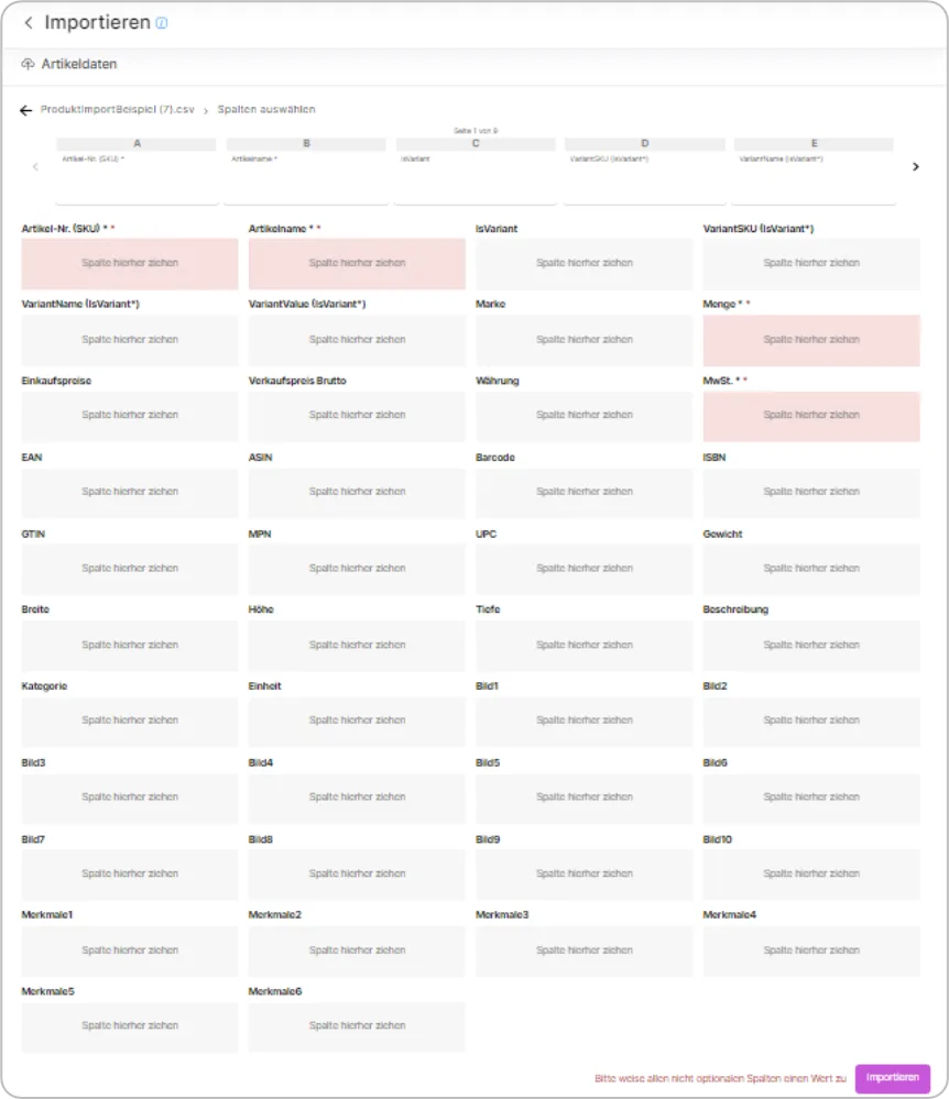 Zuordnung der CSV-Spalten zu Artikelfeldern wie SKU, Menge und MwSt., Pflichtfelder rosa hervorgehoben