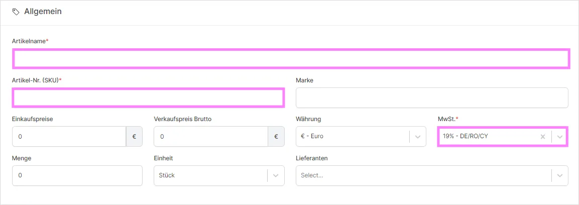Formularbereich „Allgemein“ mit Feldern für Artikelname, SKU, Marke, Preise, MwSt., Menge und Einheit