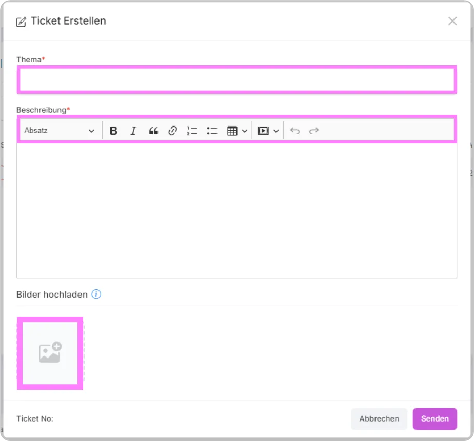 Formular zum Anlegen eines Tickets mit Feldern für Thema, Beschreibung und Bild-Upload