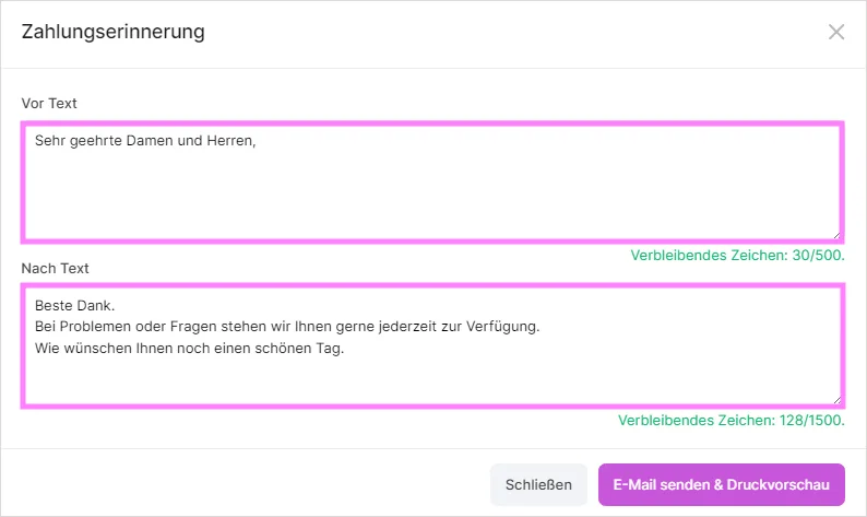 Modal „Zahlungserinnerung“ mit editierbarem Vor- und Nachtext für die E-Mail