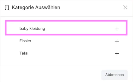 Modal „Kategorie Auswählen“ mit einer Liste verfügbarer Kategorien