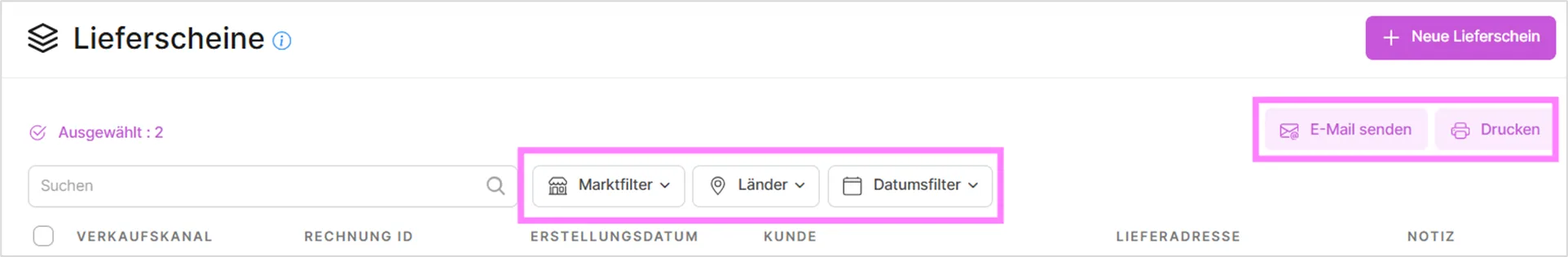 Lieferscheinliste mit zwei ausgewählten Einträgen und aktivierten Buttons „E-Mail senden“ und „Drucken“