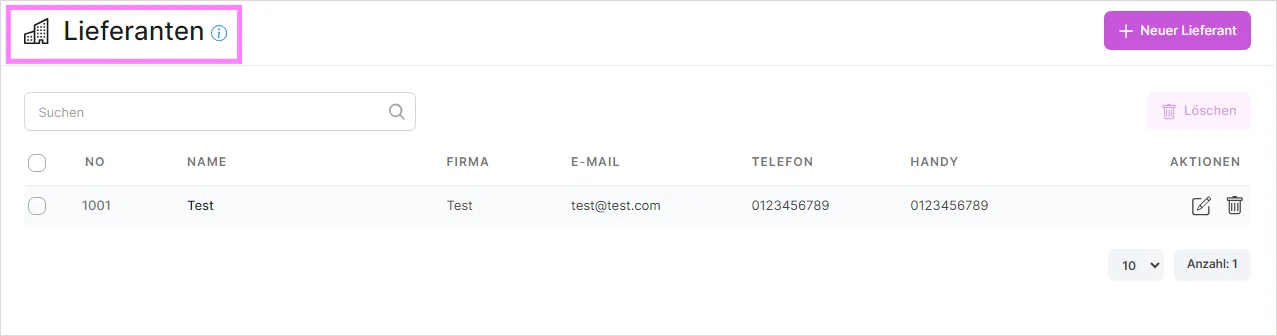Lieferantenliste mit Suchfeld sowie Spalten für Name, Firma, E-Mail, Telefon und Handy.
