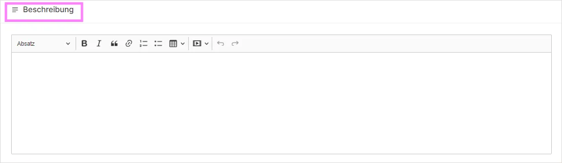 Bereich „Beschreibung“ mit Rich-Text-Editor für die Produktbeschreibung