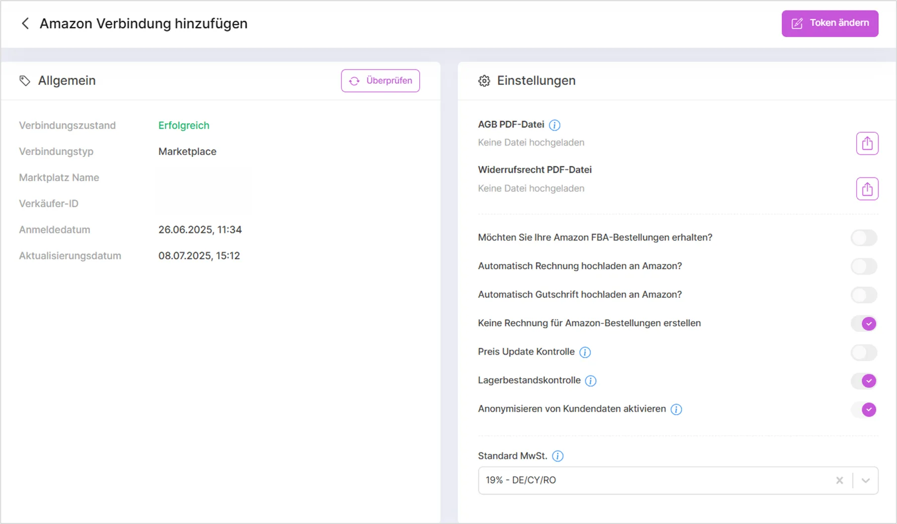 Einstellungen der Amazon-Verbindung mit Verbindungsstatus, AGB-Upload und Schaltern für FBA-Bestellungen und Rechnungen.