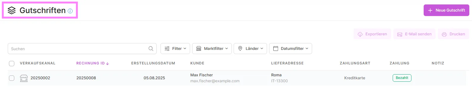 Gutschriften-Übersicht mit Filterleiste und einem Beispieleintrag inklusive Kunde und Zahlungsstatus.
