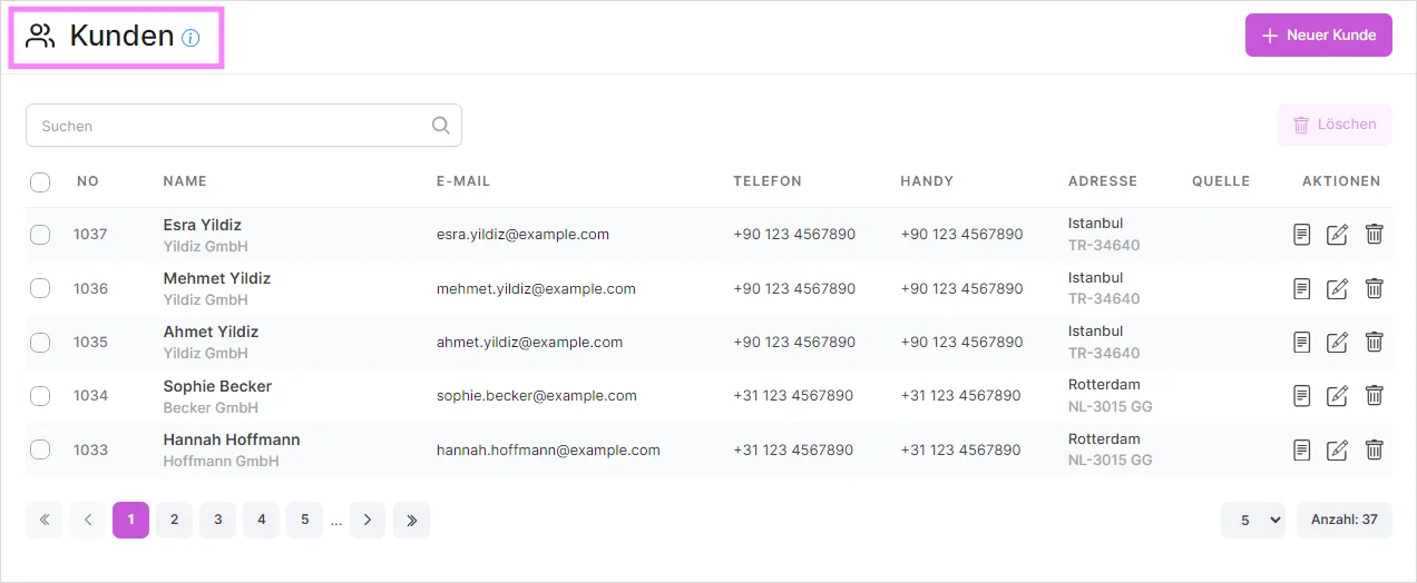 Kundenliste mit Suche, Spalten Name, E-Mail, Telefon, Adresse und Aktionen