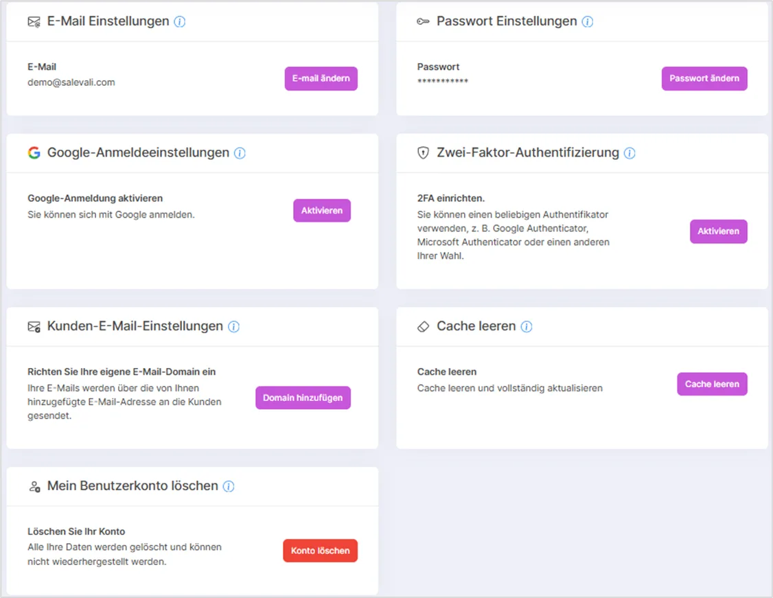 Kontoeinstellungen mit E-Mail, Passwort, Google-Anmeldung, Zwei-Faktor-Authentifizierung und Kontolöschung