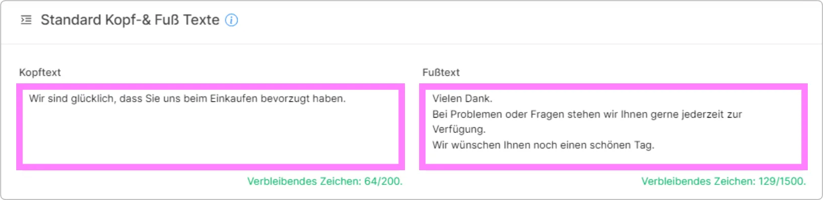 Eingabefelder für Standard-Kopf- und Fußtext auf Belegen